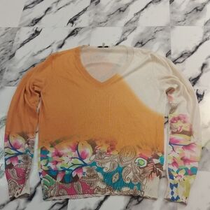 Etro Milano Orange & Cream V-Neck Sweaters Silk Floral Multicolor
